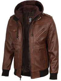 Edinburgh Mens Brown Bomber Leather Jacket With Removable Hood